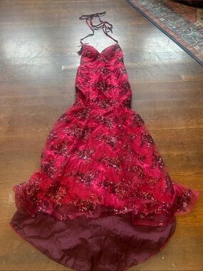 Lover Kiss Burgundy Sequin Halter Formal Dress